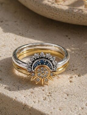 Sun Moon 925 Sterling Silver Cubic Zirconia Ring Set Size 6 Dainty Celestial